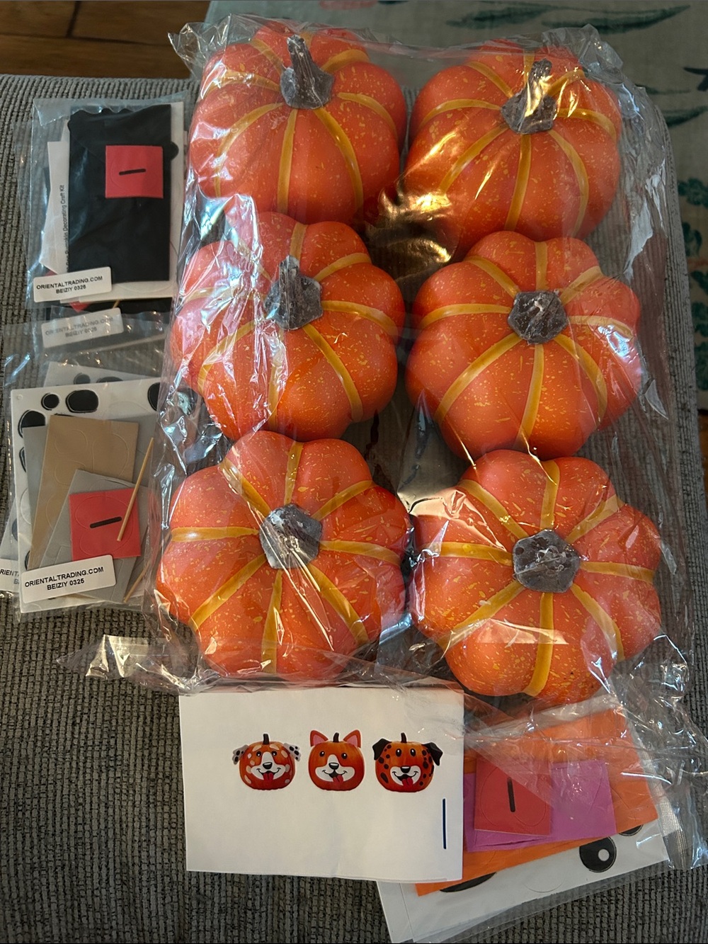 Orange Faux Pumpkin Set with kits to make pumpkin dog face decorations x6